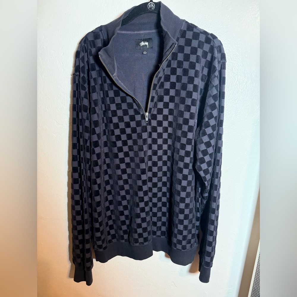 Stussy Velour Check Long Sleeve Men's 1/4 Zip Size Large